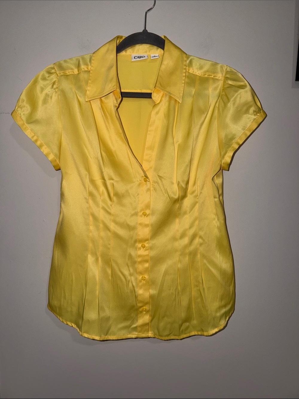 Cato Bright Yellow Satin Short Sleeve Button-Down Shirt